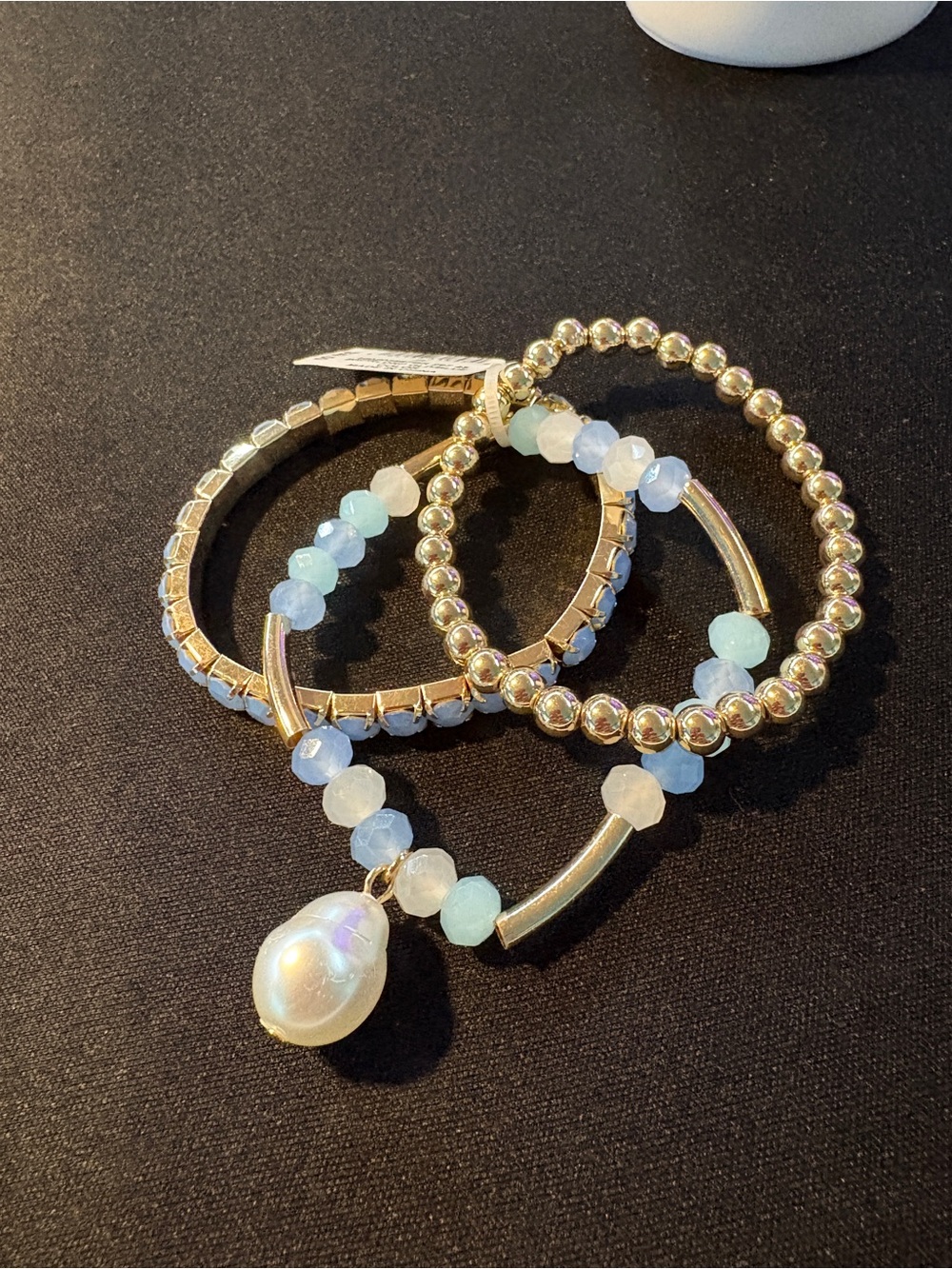 Gold and Light Blue Beaded Bracelet Set of 3 On 34th St - Picture 2 of 2